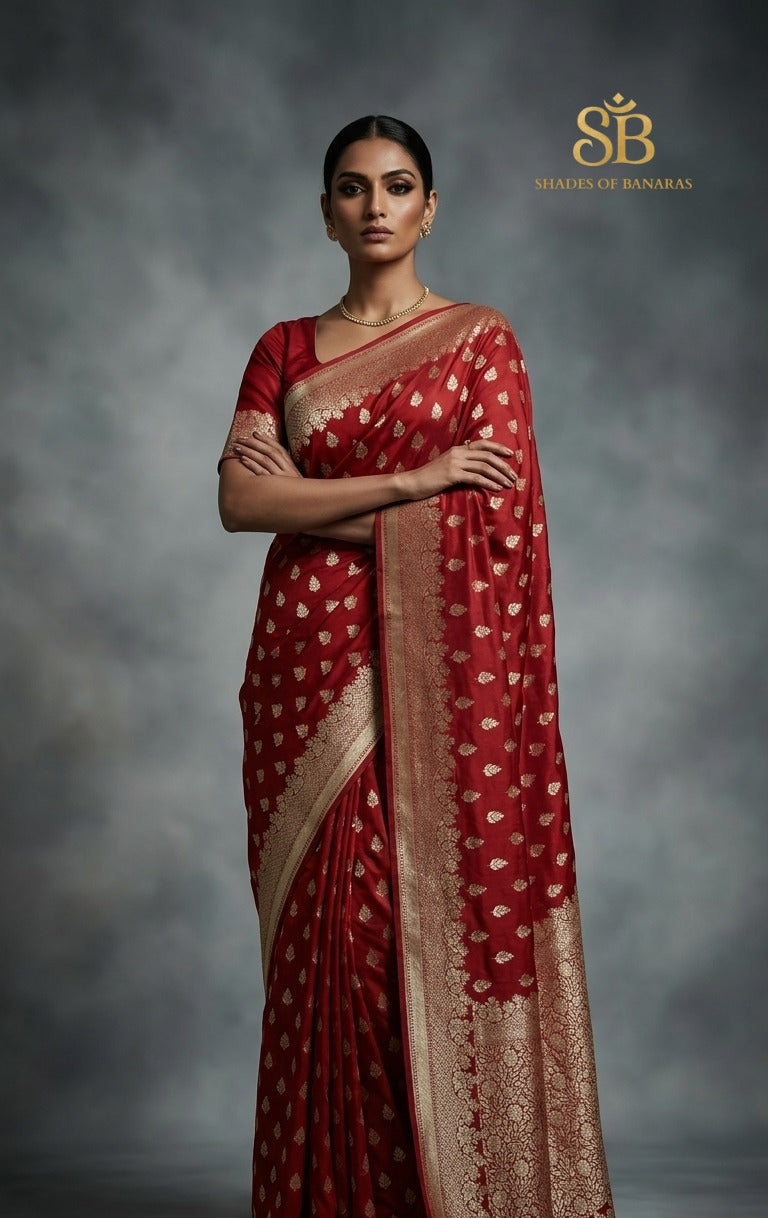 Rosso Nobile red mango silk Banarasi saree with matt gold zari cutwork butis