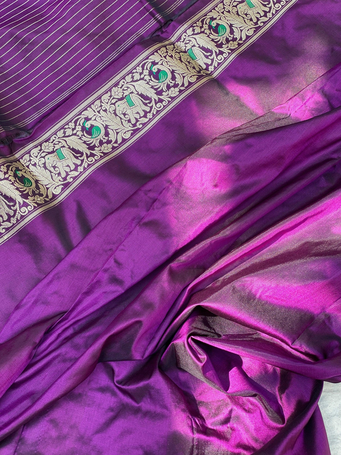 Regal Purple Banarasi Silk Saree with Kadhwa Minakari Figures and Shikargaah Weave by Shades Of Benares - banarasi - banarasi saree shop - banarasi saree manufacturers - banarasi saree wholesale - banaraasi sarees