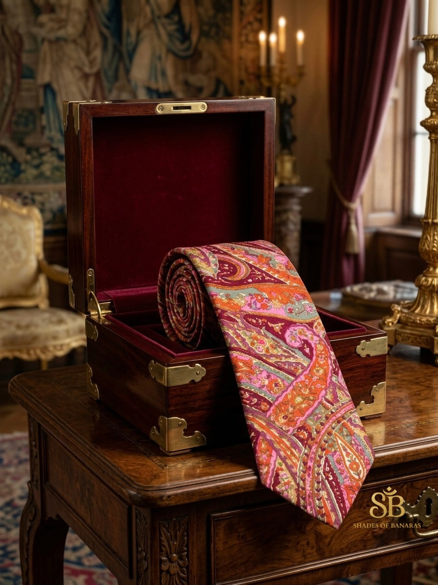 Pink and orange pure silk Banarasi handloom necktie from Varanasi with hand printed paisley pattern