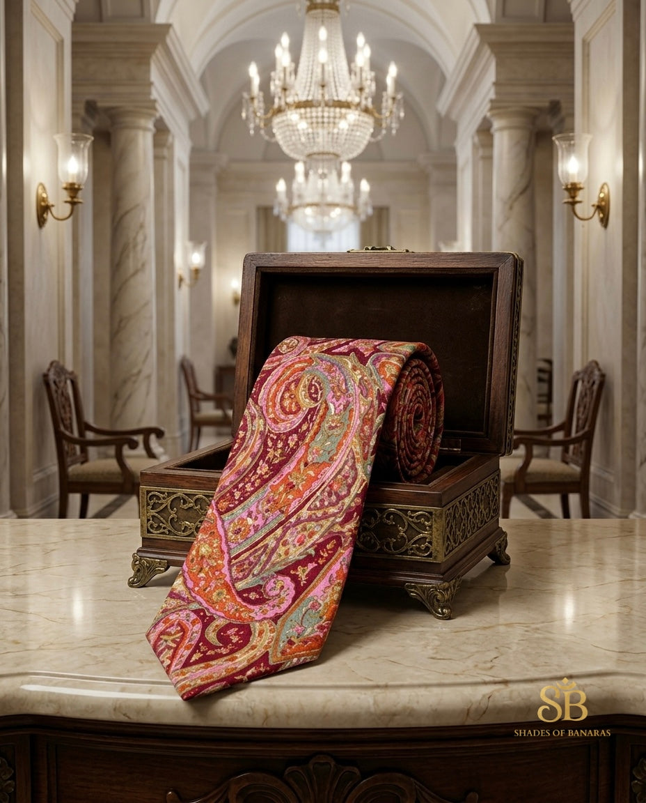 Pink and wine pure silk Banarasi handloom necktie from Varanasi with hand printed paisley pattern