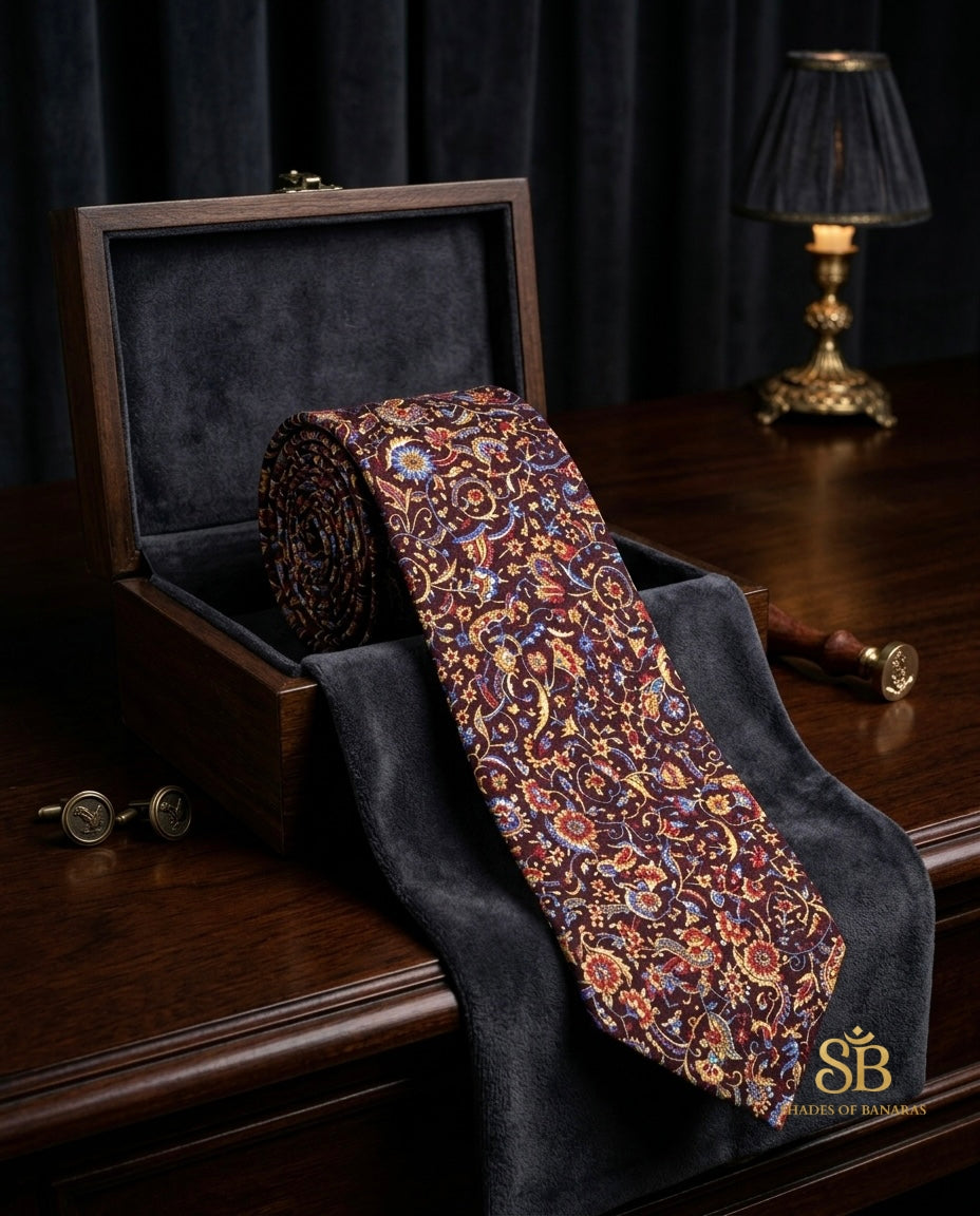 Maroon pure silk Banarasi handloom necktie from Varanasi with hand printed Persian floral paisley pattern