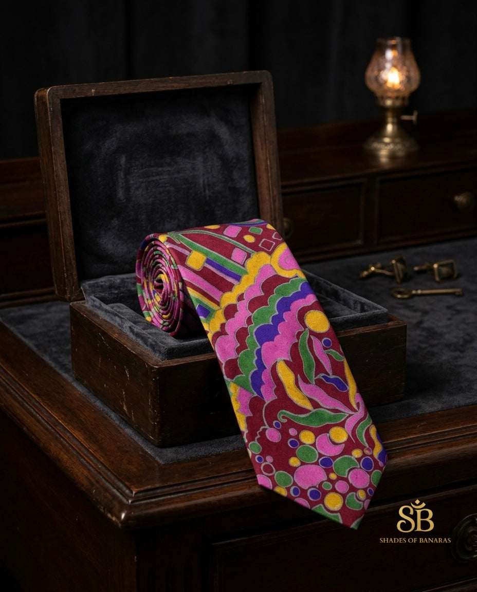 Magenta pure silk Banarasi handloom necktie from Varanasi with hand printed retro art deco swirl pattern