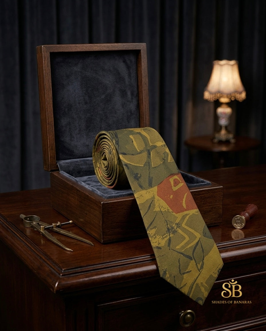 Olive green pure silk Banarasi handloom necktie from Varanasi with hand printed abstract geometric patchwork pattern