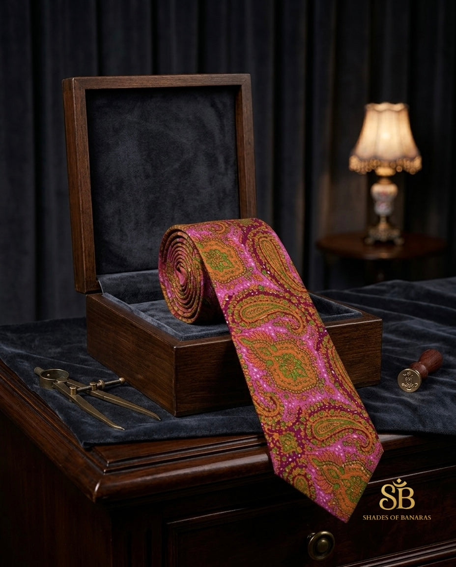 Fuchsia pink pure silk Banarasi handloom necktie from Varanasi with hand printed paisley pattern