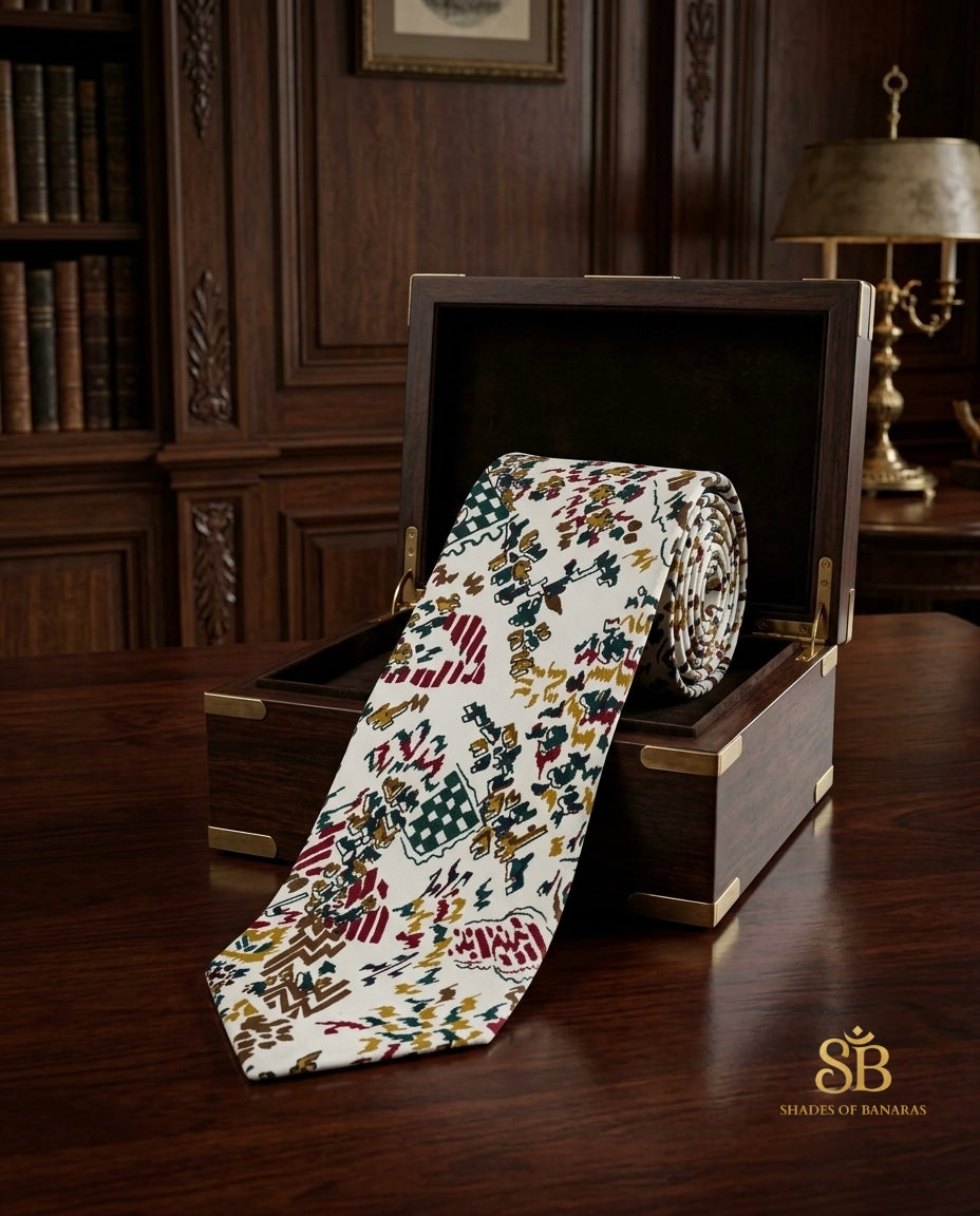 Ivory pure silk Banarasi handloom necktie from Varanasi with hand printed modern abstract pattern