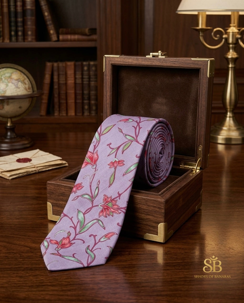 Light purple lavender pure silk Banarasi handloom necktie from Varanasi with hand printed floral vine pattern