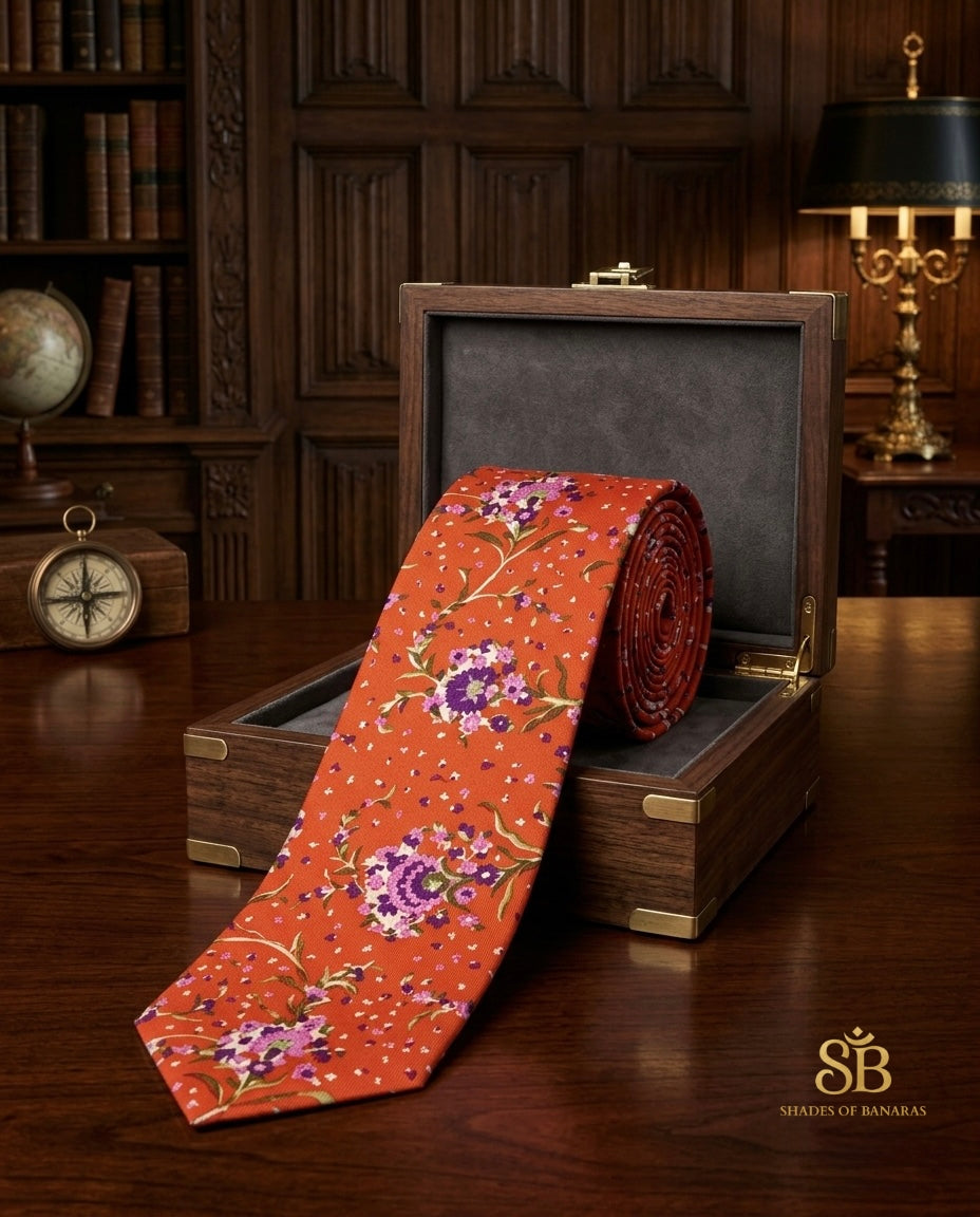 Orange pure silk Banarasi handloom necktie from Varanasi with hand printed floral bouquet pattern