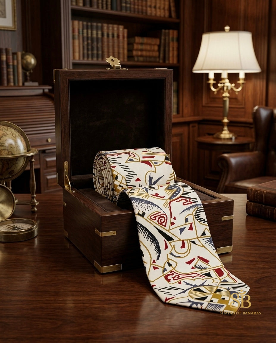 Ivory white pure silk Banarasi handloom necktie from Varanasi with hand printed art deco abstract pattern