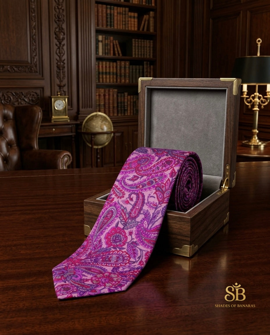 Purple orchid pure silk Banarasi handloom necktie from Varanasi with hand printed paisley floral pattern