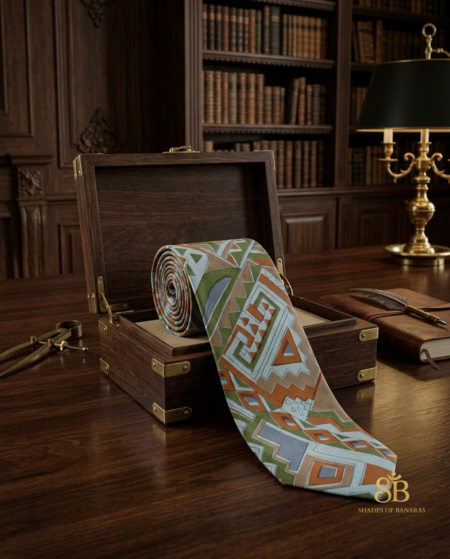 Slate blue pure silk Banarasi handloom necktie from Varanasi with hand printed geometric Aztec pattern