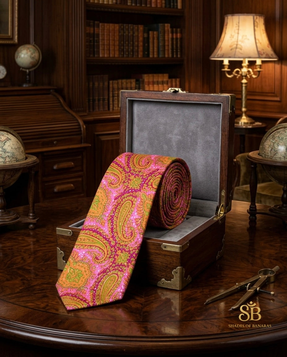 Coral pink pure silk Banarasi handloom necktie from Varanasi with hand printed paisley pattern