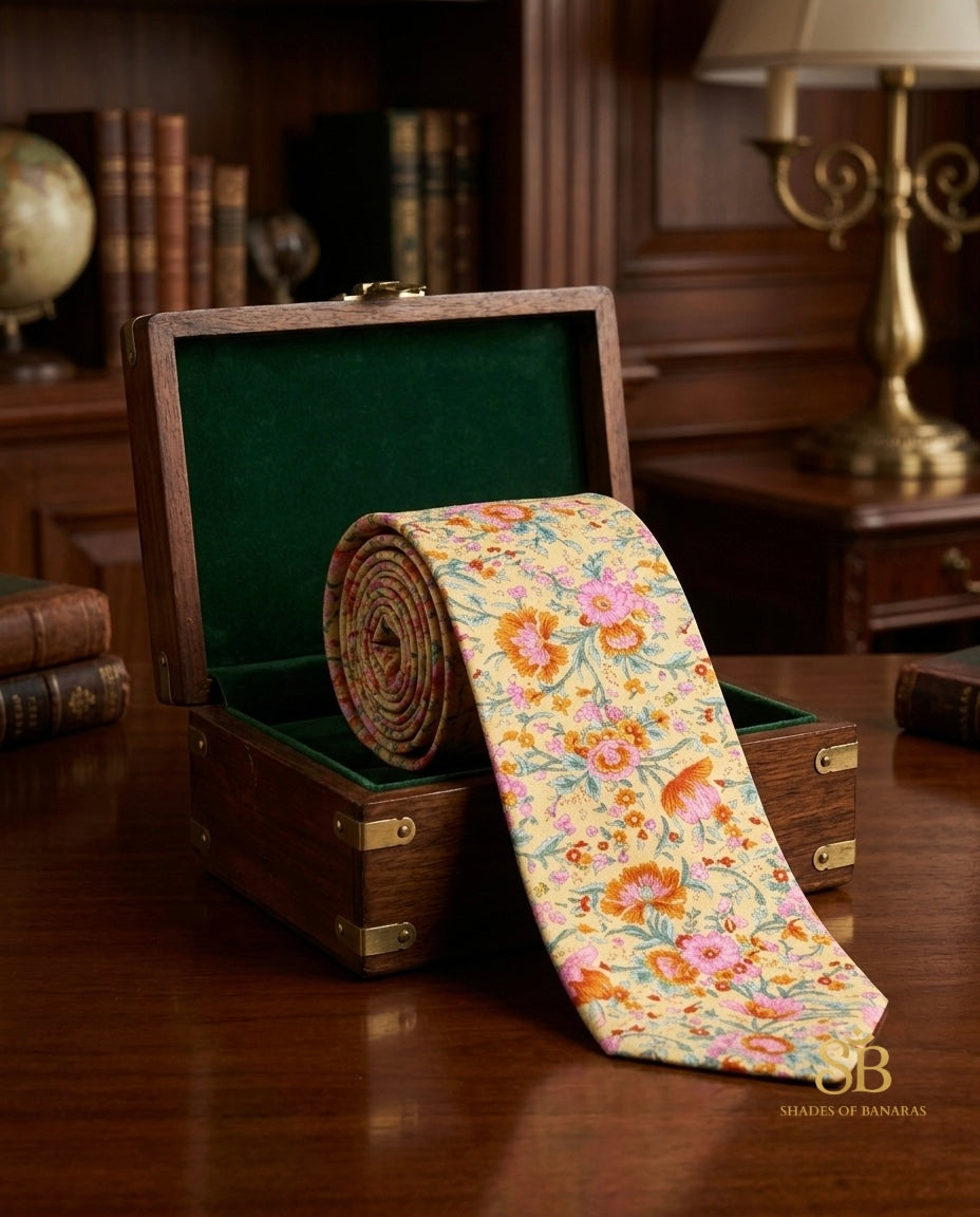 Champagne beige pure silk Banarasi handloom necktie from Varanasi with hand printed floral bouquet pattern