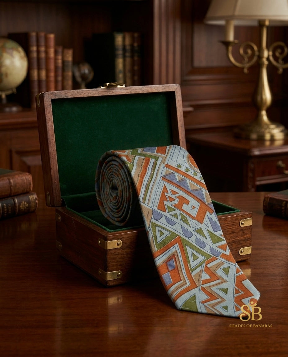 Blue and ivory pure silk Banarasi handloom necktie from Varanasi with hand printed geometric triangle pattern