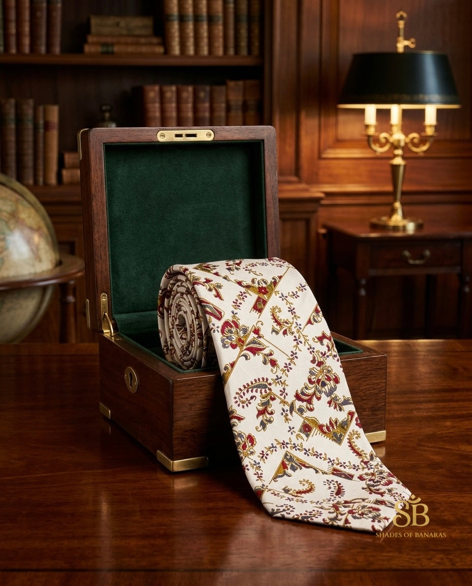 Ivory pure silk Banarasi handloom necktie from Varanasi with hand printed ornamental floral pattern