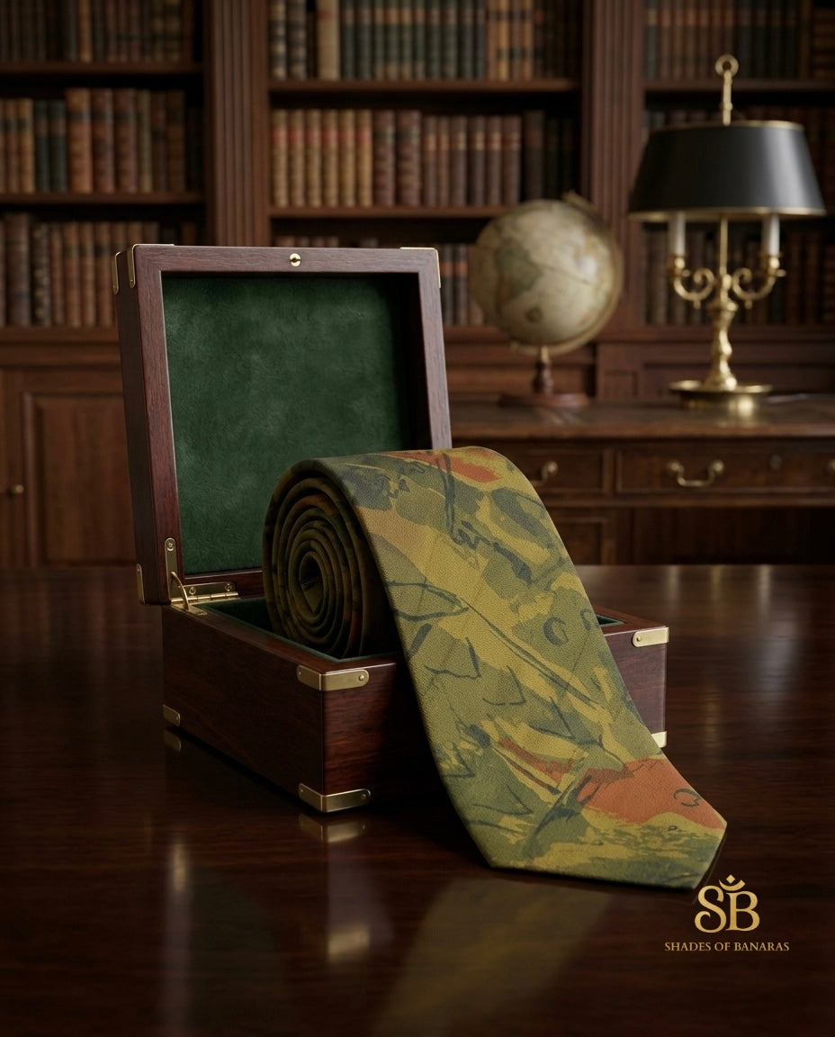 Moss green pure silk Banarasi handloom necktie from Varanasi with hand printed abstract brushstroke pattern