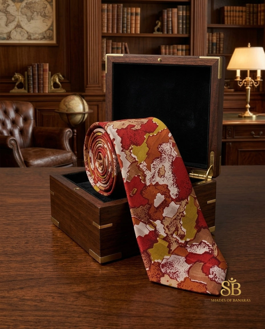 Red and ivory white pure silk Banarasi handloom necktie from Varanasi with hand printed abstract mosaic pattern