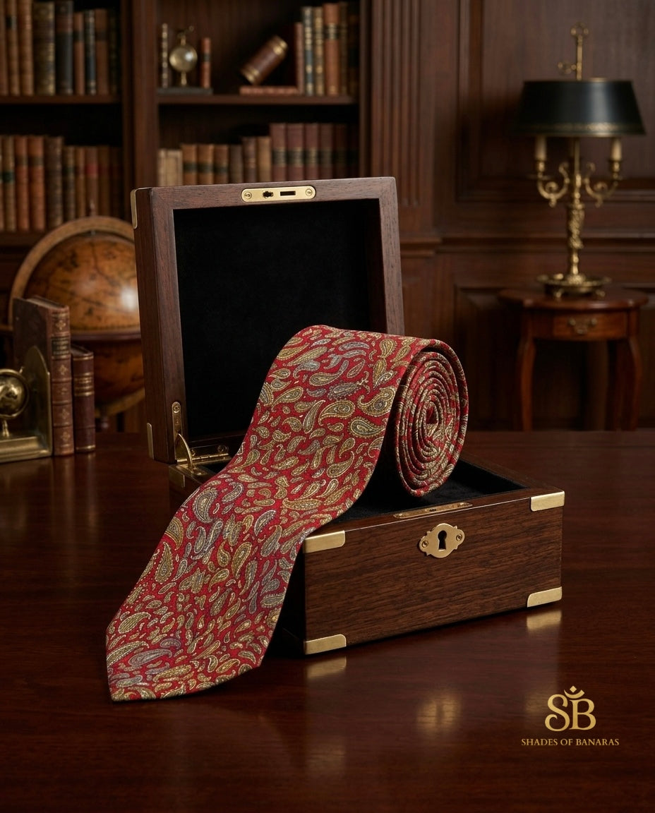 Deep red pure silk Banarasi handloom necktie from Varanasi with hand printed gold paisley pattern