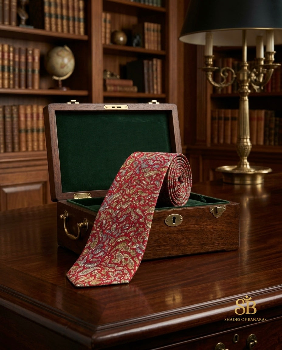 Scarlet red pure silk Banarasi handloom necktie from Varanasi with hand printed feather paisley pattern