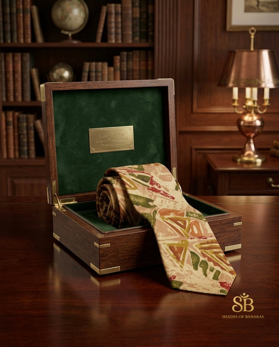Sandstone beige pure silk Banarasi handloom necktie from Varanasi with hand printed abstract geometric pattern