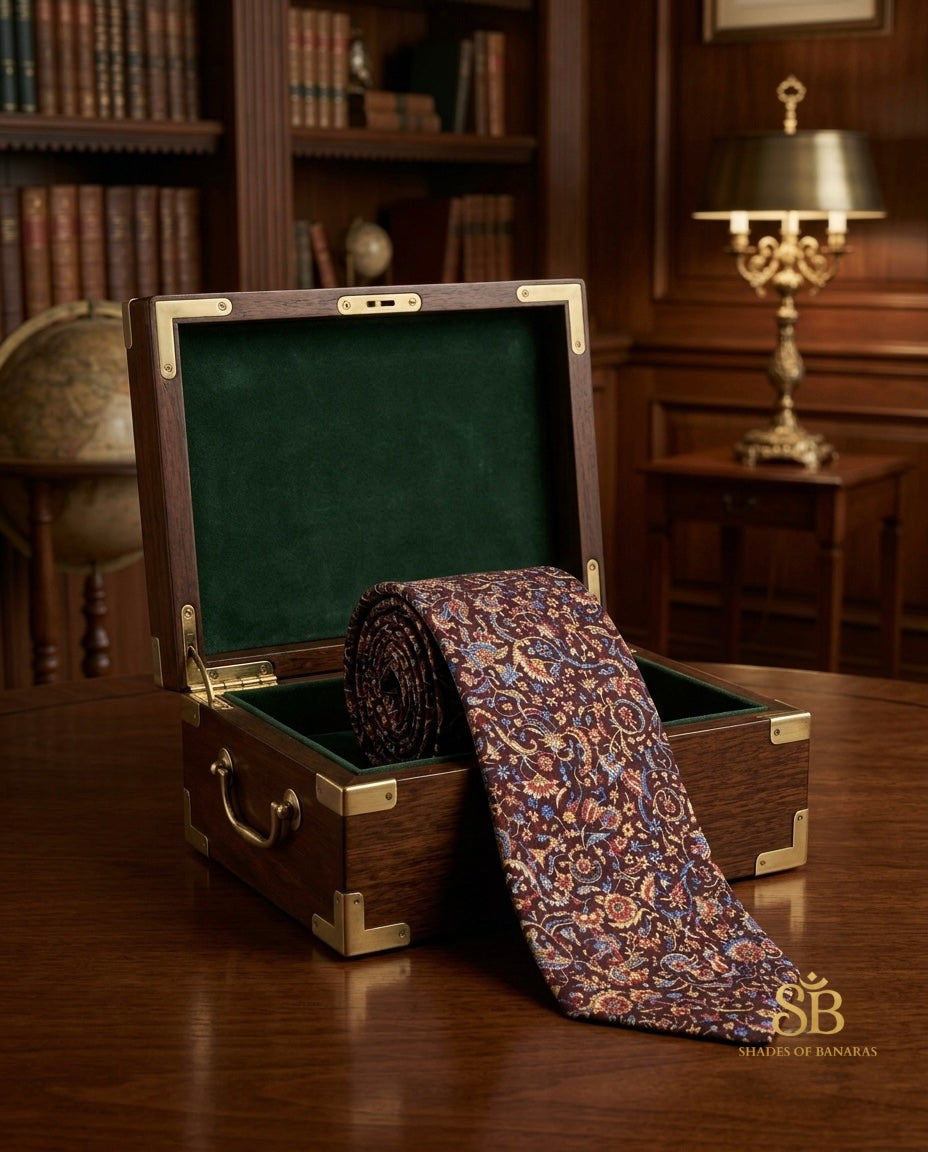 Brown pure silk Banarasi handloom necktie from Varanasi with hand printed paisley floral pattern
