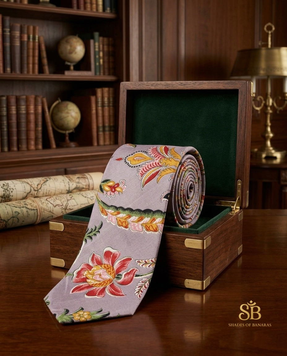 Lavender pure silk Banarasi handloom necktie from Varanasi with hand printed floral paisley pattern