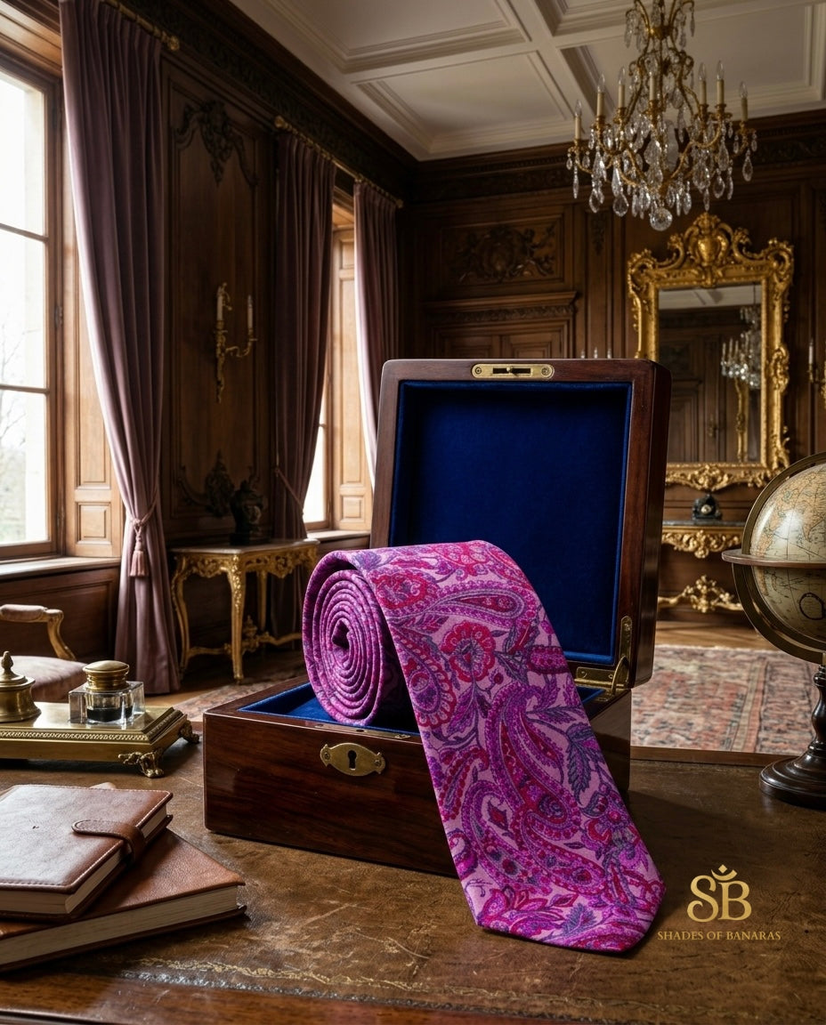 Purple pure silk Banarasi handloom necktie from Varanasi with hand printed paisley pattern