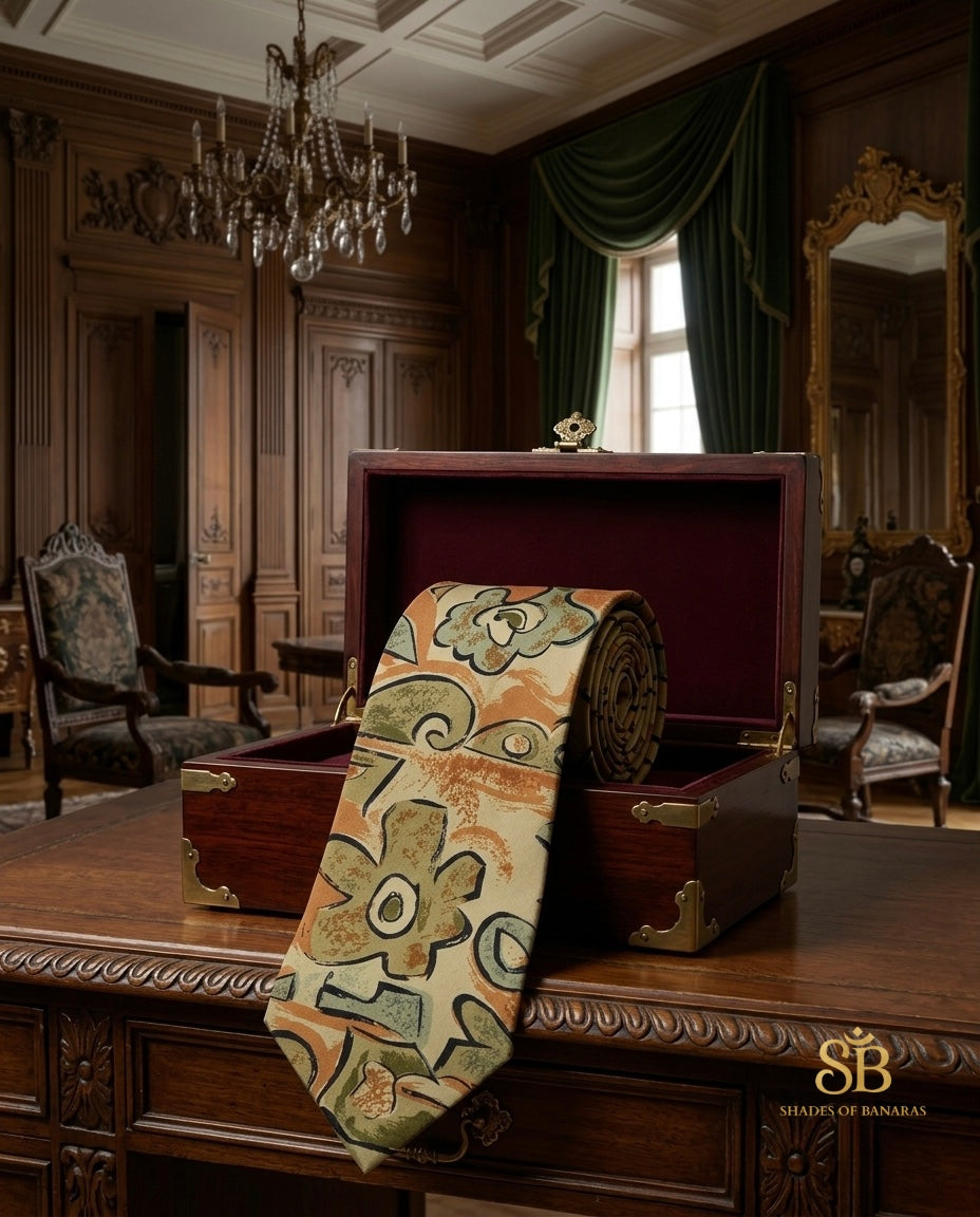 Green pure silk Banarasi handloom necktie from Varanasi with hand printed floral swirl pattern