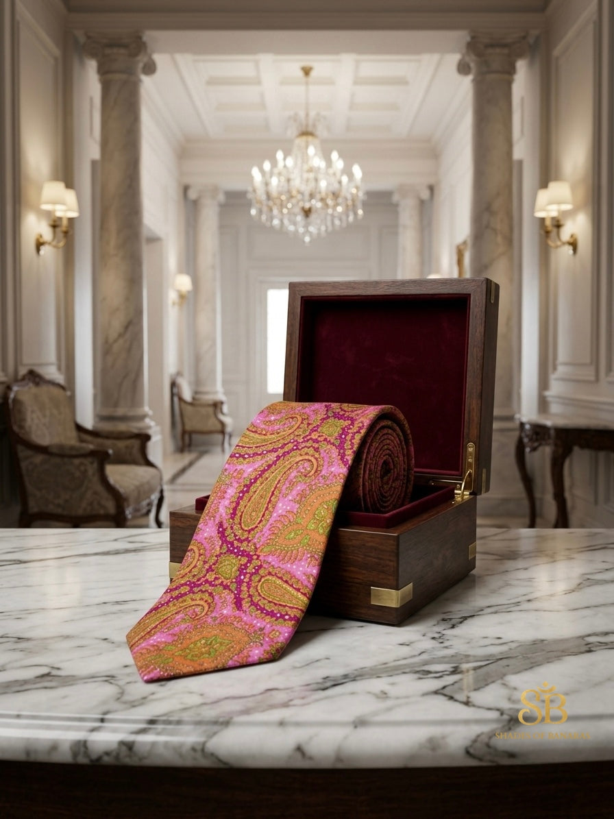 Pink pure silk Banarasi handloom necktie from Varanasi with hand printed gold paisley pattern