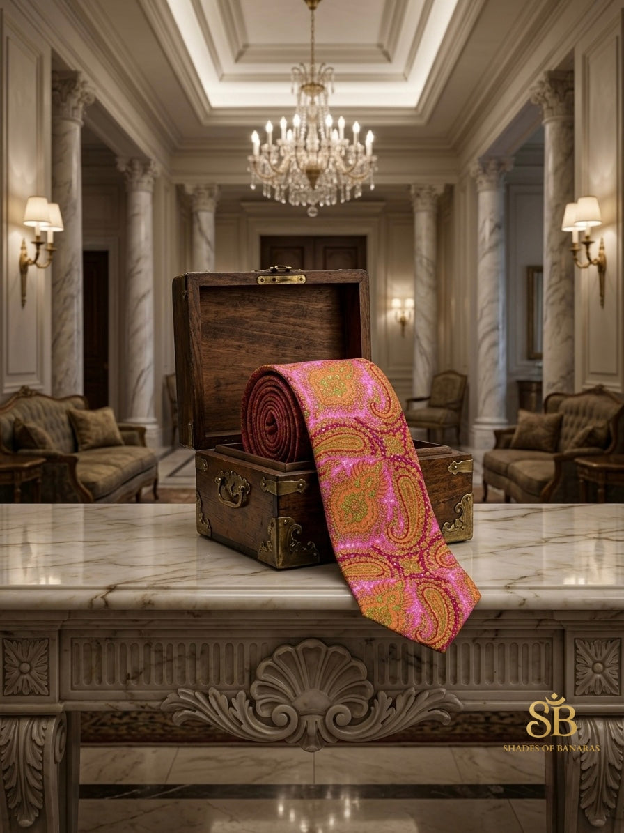 Pink and orange pure silk Banarasi handloom necktie from Varanasi with hand printed paisley pattern