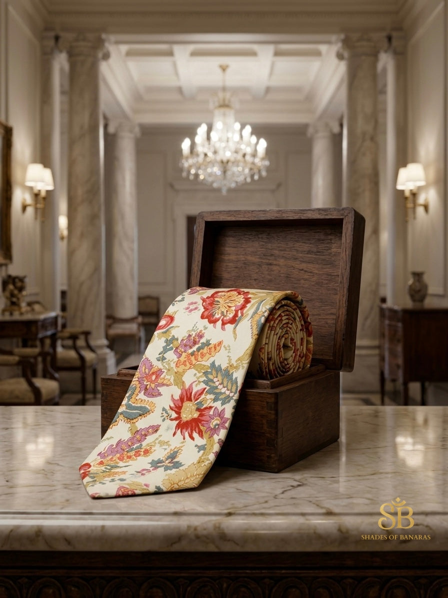 Off white pure silk Banarasi handloom necktie from Varanasi with hand printed floral bouquet pattern