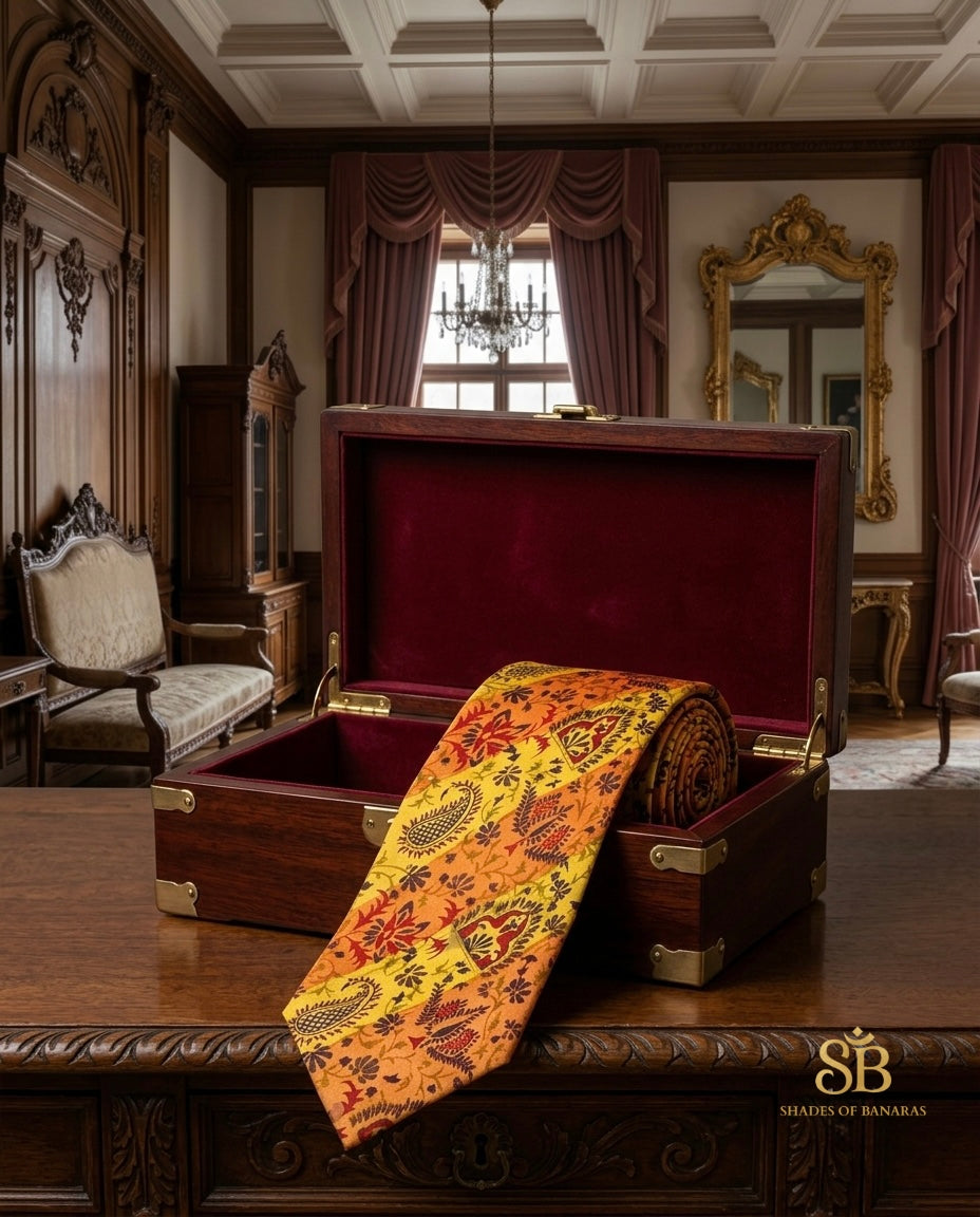 Yellow and orange pure silk Banarasi handloom necktie from Varanasi with hand printed paisley floral pattern