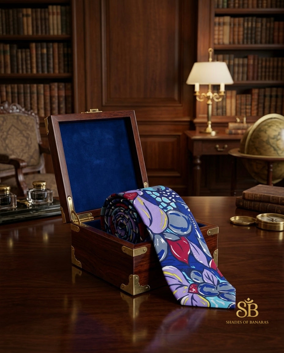 Royal blue pure silk Banarasi handloom necktie from Varanasi with hand printed floral abstract pattern