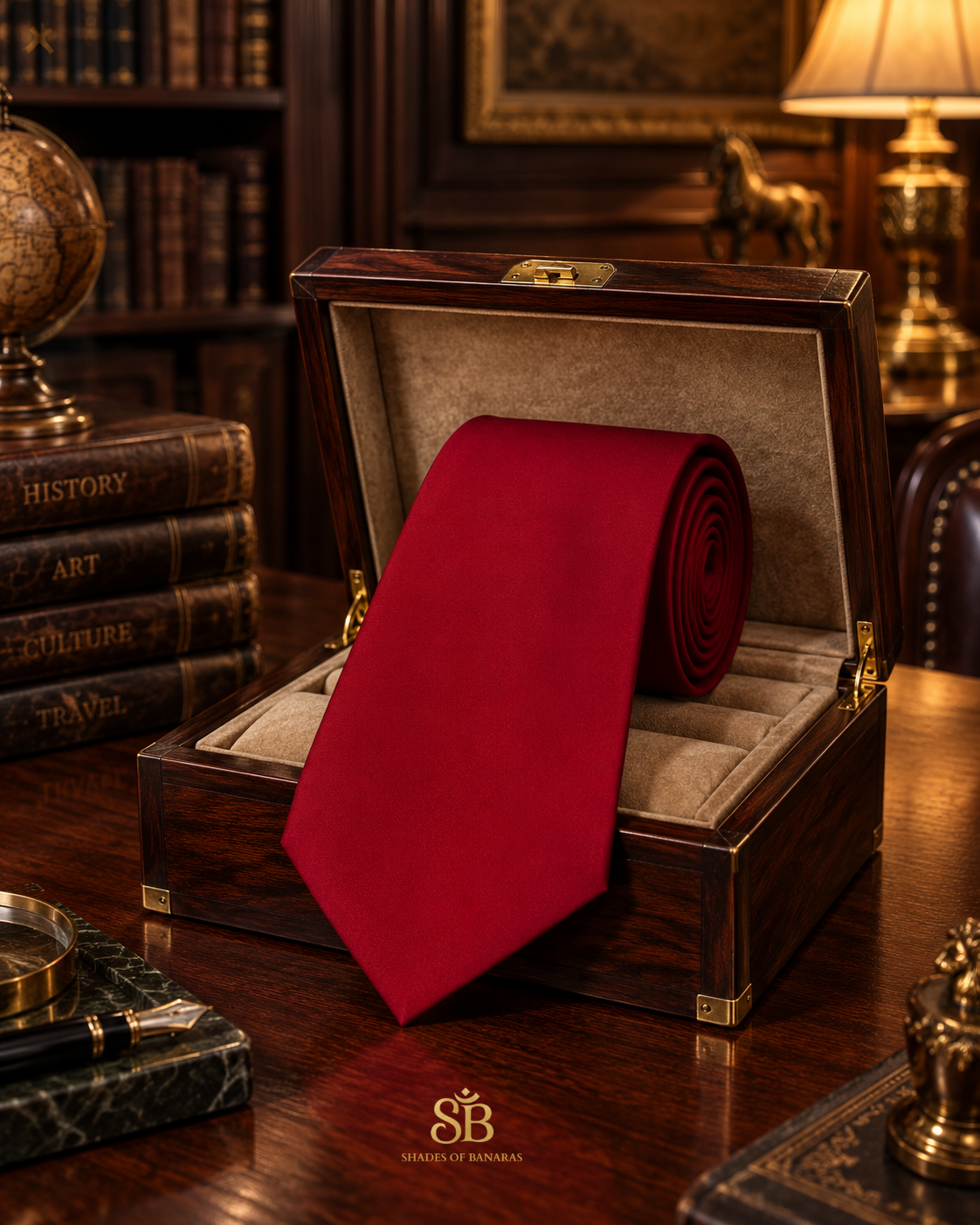 Red pure satin silk Banarasi handloom necktie from Varanasi with plain weave finish