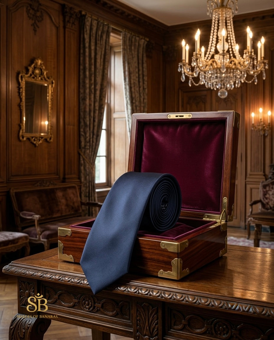 Navy blue pure satin silk Banarasi handloom necktie from Varanasi with plain weave finish and velvet lined box