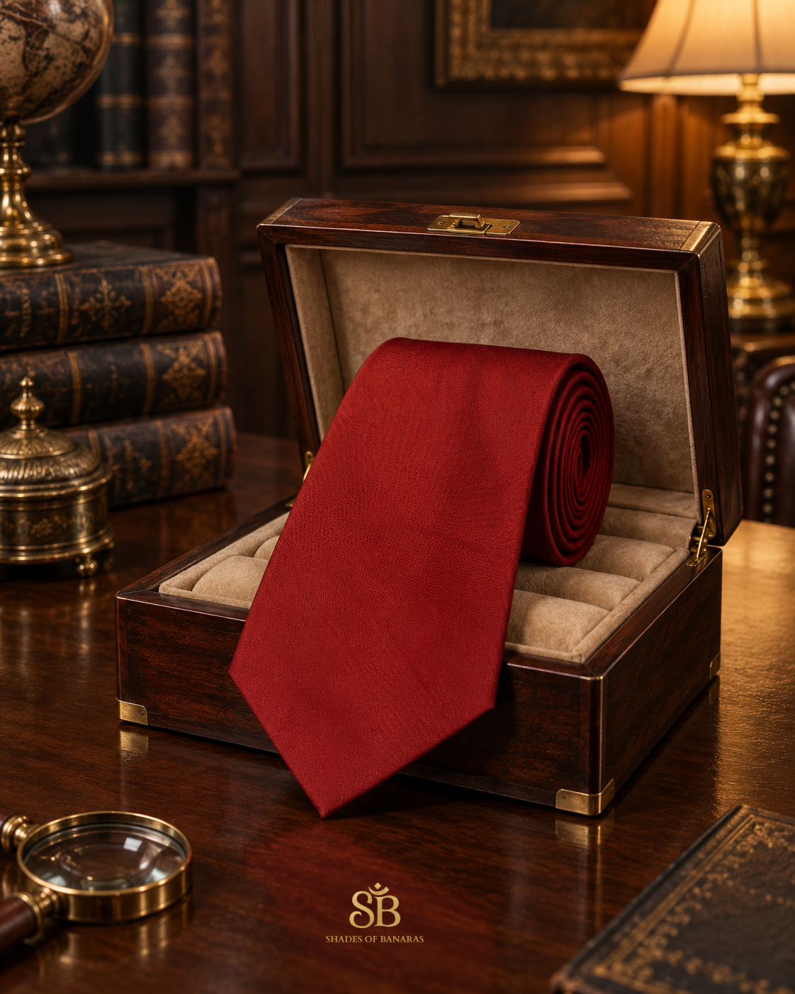 Red pure satin silk Banarasi handloom necktie from Varanasi with visible woven texture