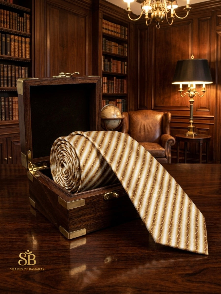 Bronze ivory pure satin silk Banarasi handloom necktie with hand-printed diagonal stripe design