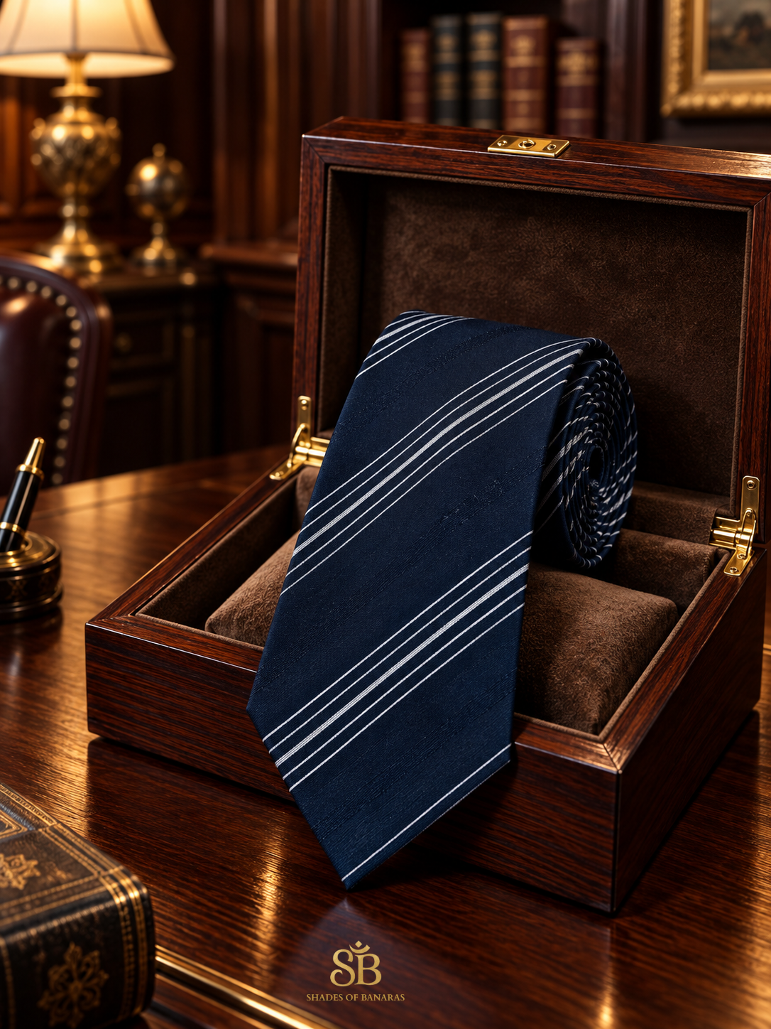Navy blue pure raw silk Banarasi handloom necktie with hand-woven fine pinstripe design