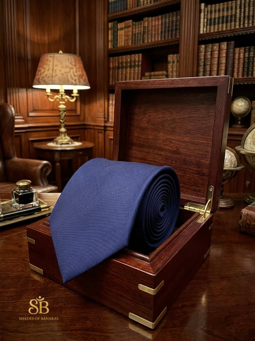 Indigo navy blue pure silk Banarasi handloom necktie with plain weave finish