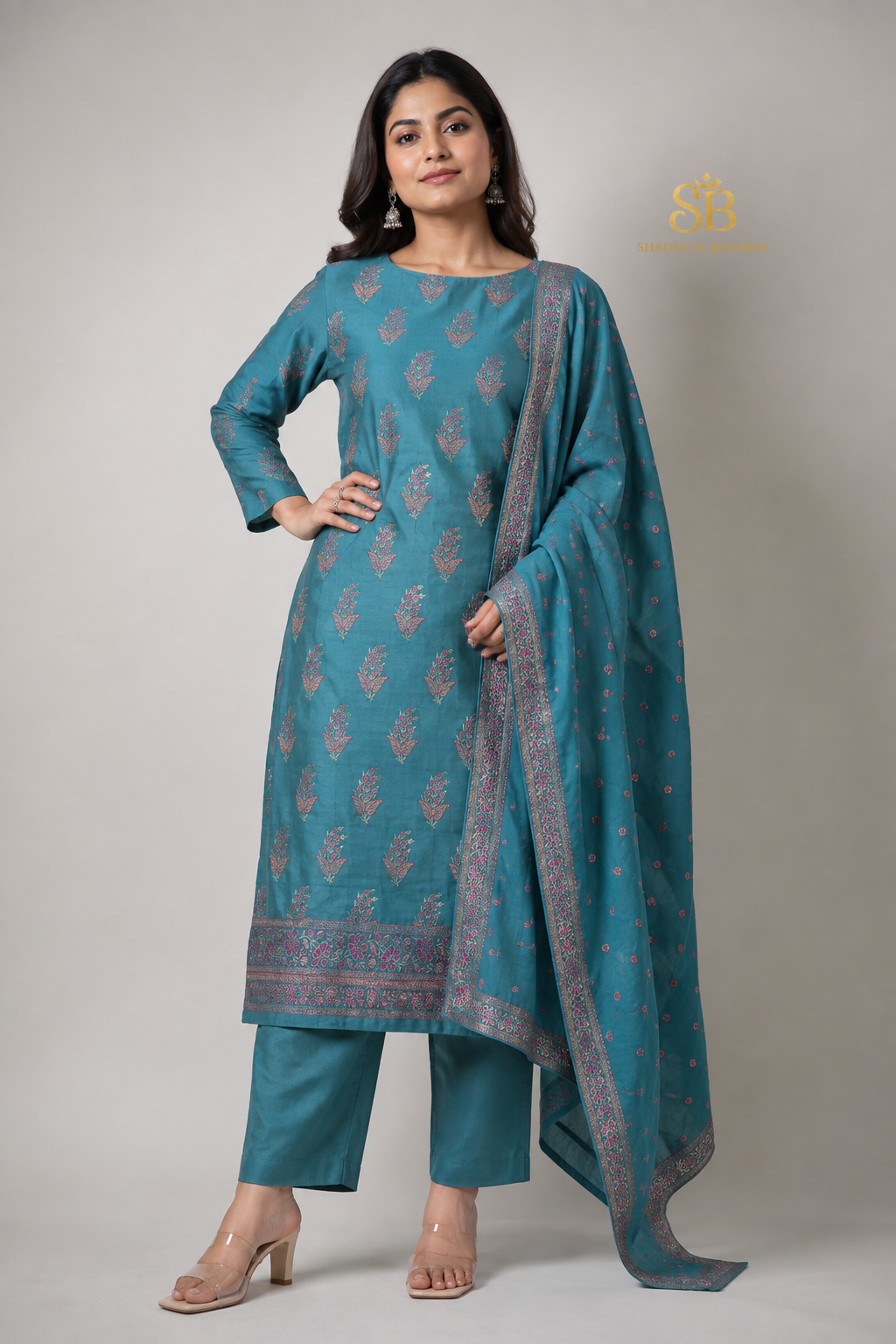 Serene Teal Blue Pure Cotton Silk Banarasi Suit Set - Shades of Banaras