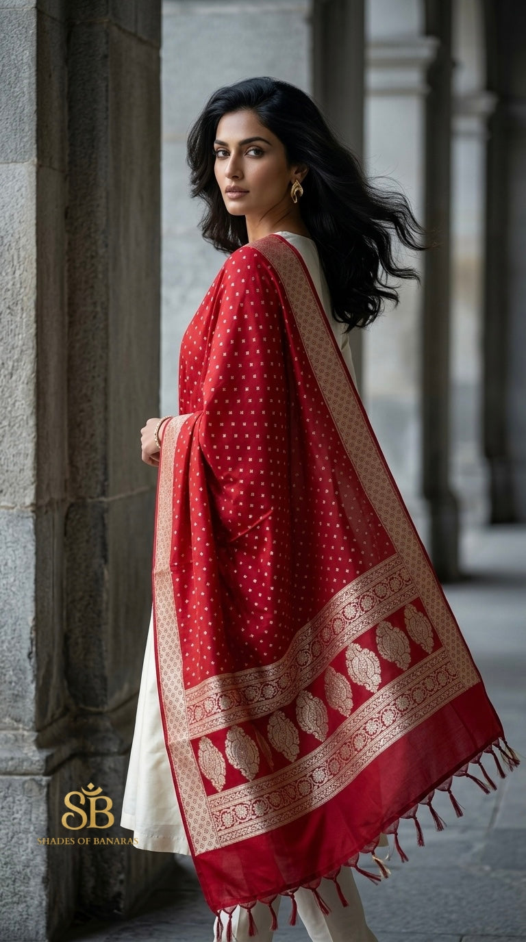 Vermilion Royale Red Couture Handloom Banarasi Katan Silk Dupatta - Shades of Banaras