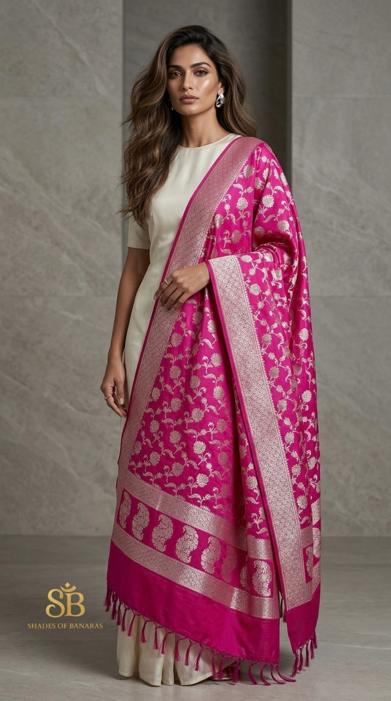 Vivid Rani Pink Luxe Handloom Banarasi Katan Silk Dupatta - Shades of Banaras