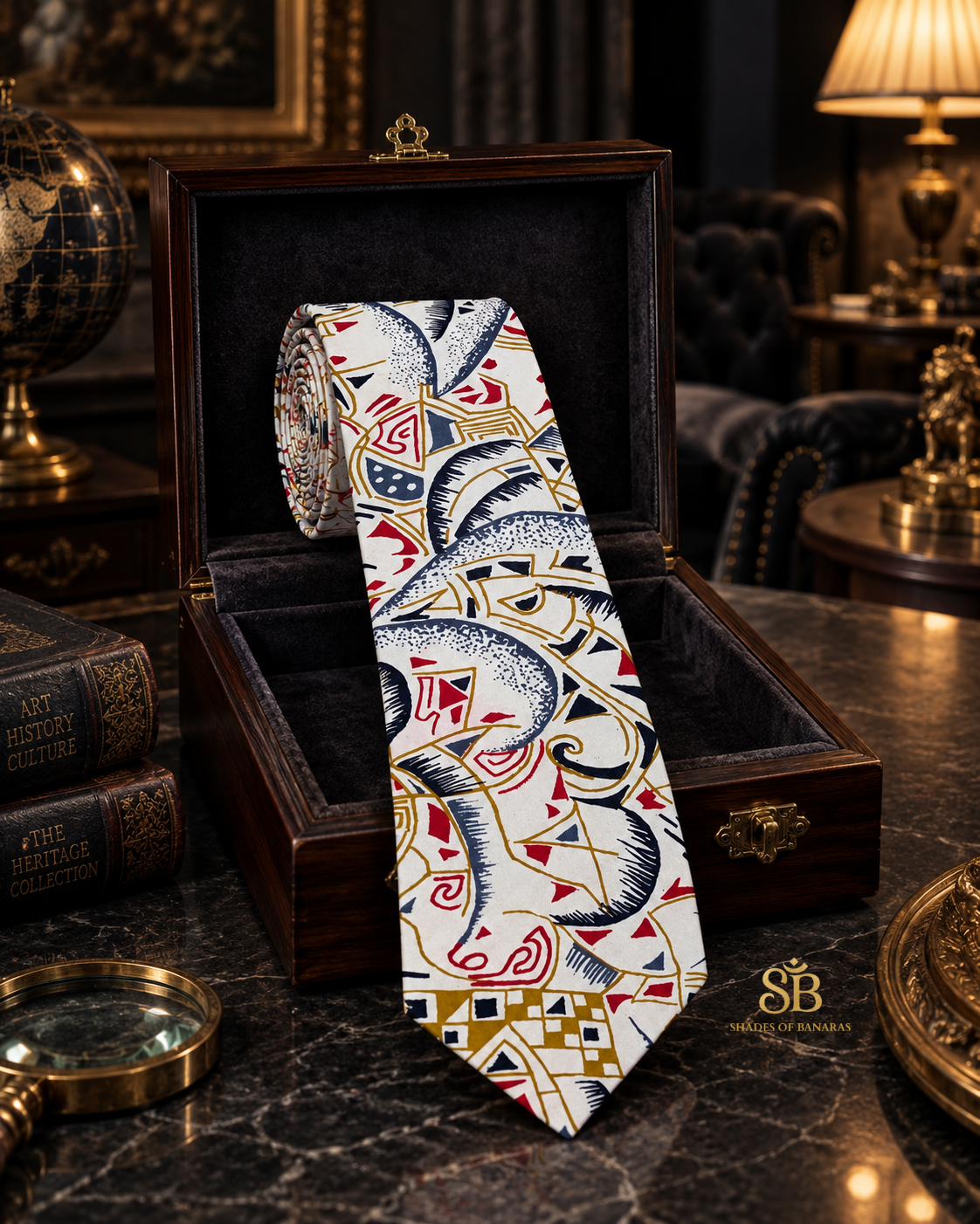 White pure silk Banarasi handloom necktie with hand printed art deco motif design - Shades of Banaras