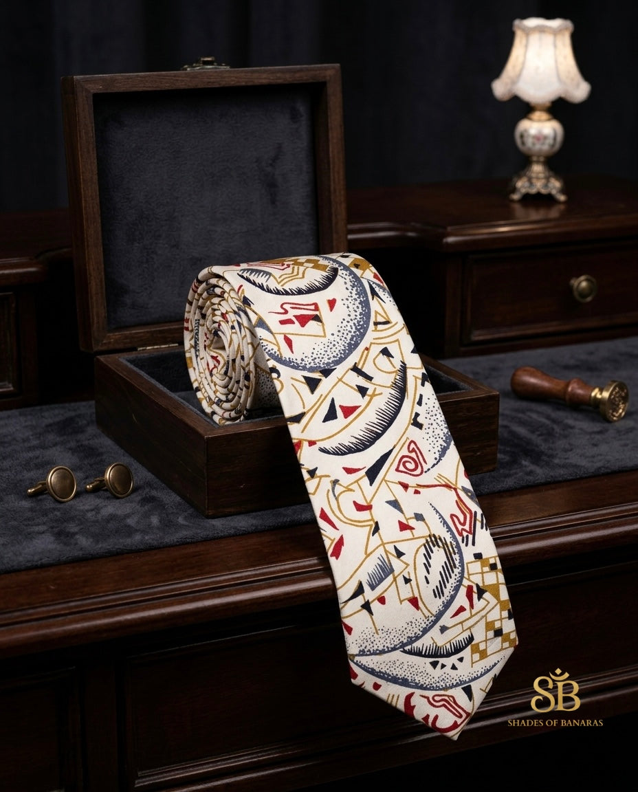 White pure silk Banarasi handloom necktie from Varanasi with hand printed abstract crescent