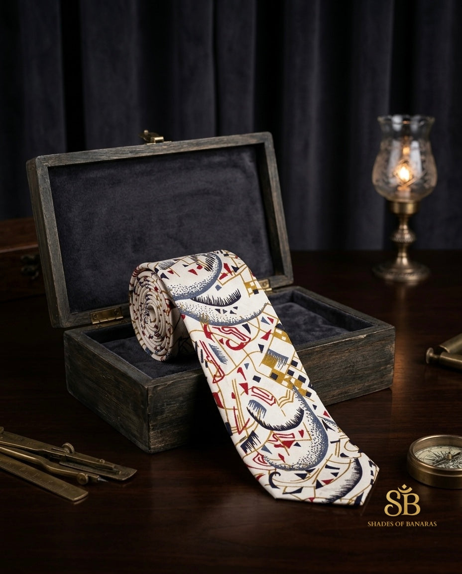 White pure silk Banarasi handloom necktie from Varanasi with hand printed abstract crescent