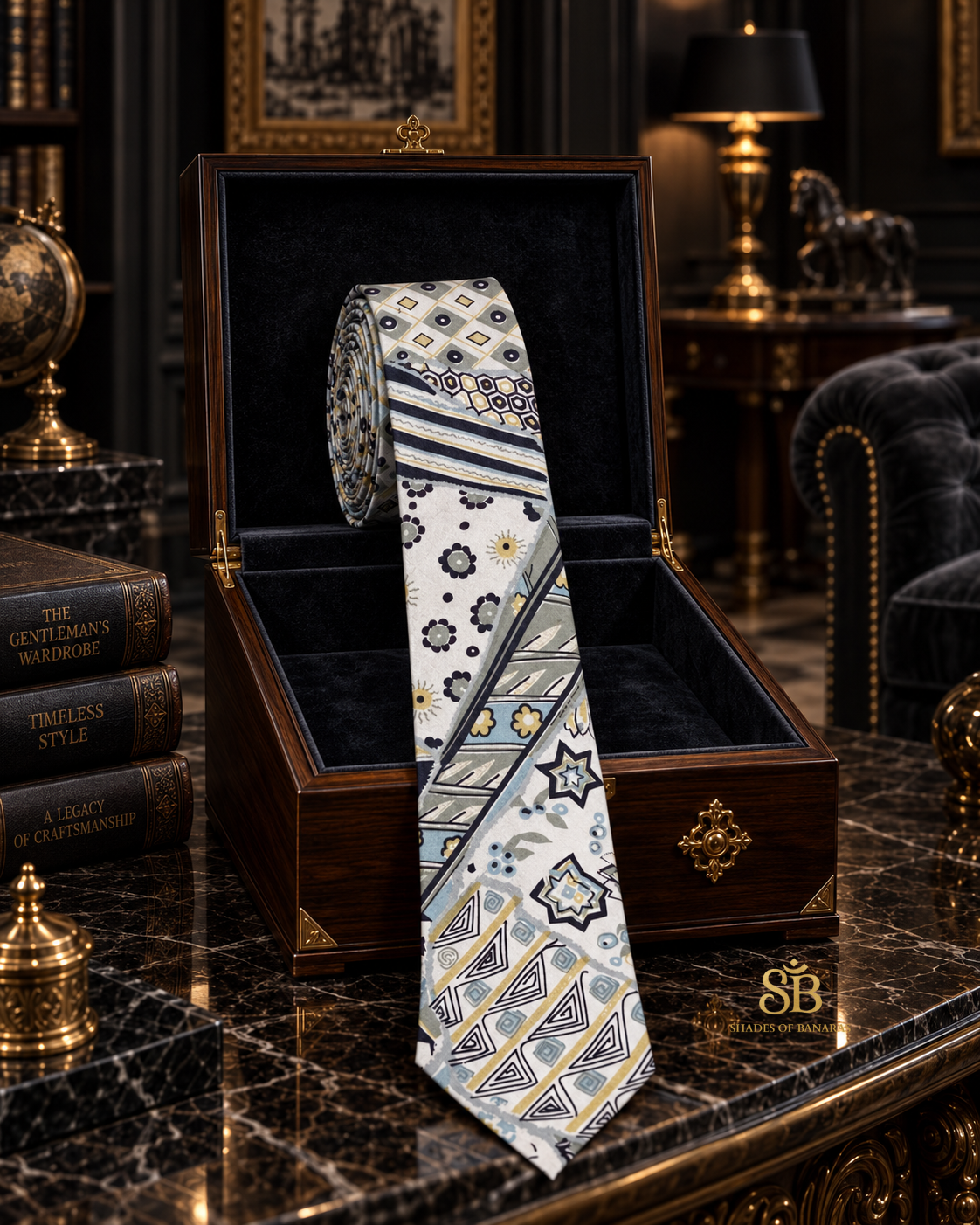 White pure silk Banarasi handloom necktie with hand printed floral diamond design - Shades of Banaras