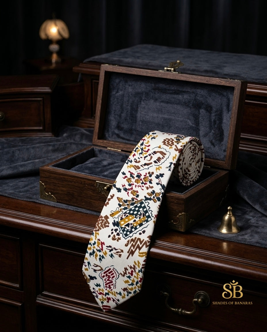 White pure silk Banarasi handloom necktie from Varanasi with hand printed abstract pattern
