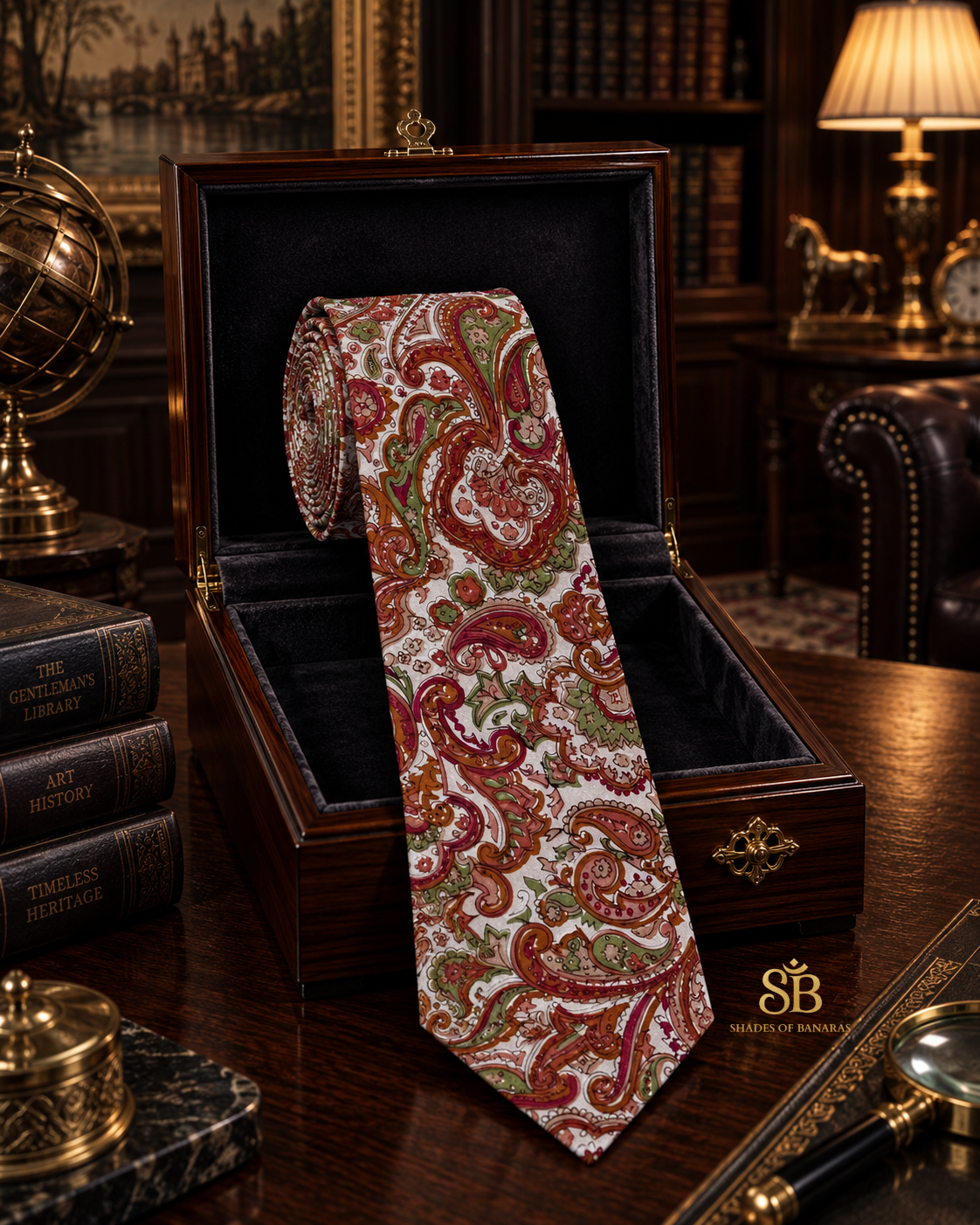 White and Red pure silk Banarasi handloom necktie with hand printed paisley bloom design - Shades of Banaras