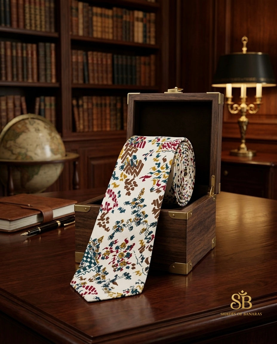 White pure silk Banarasi handloom necktie with hand printed abstract splatter design - Shades of Banaras