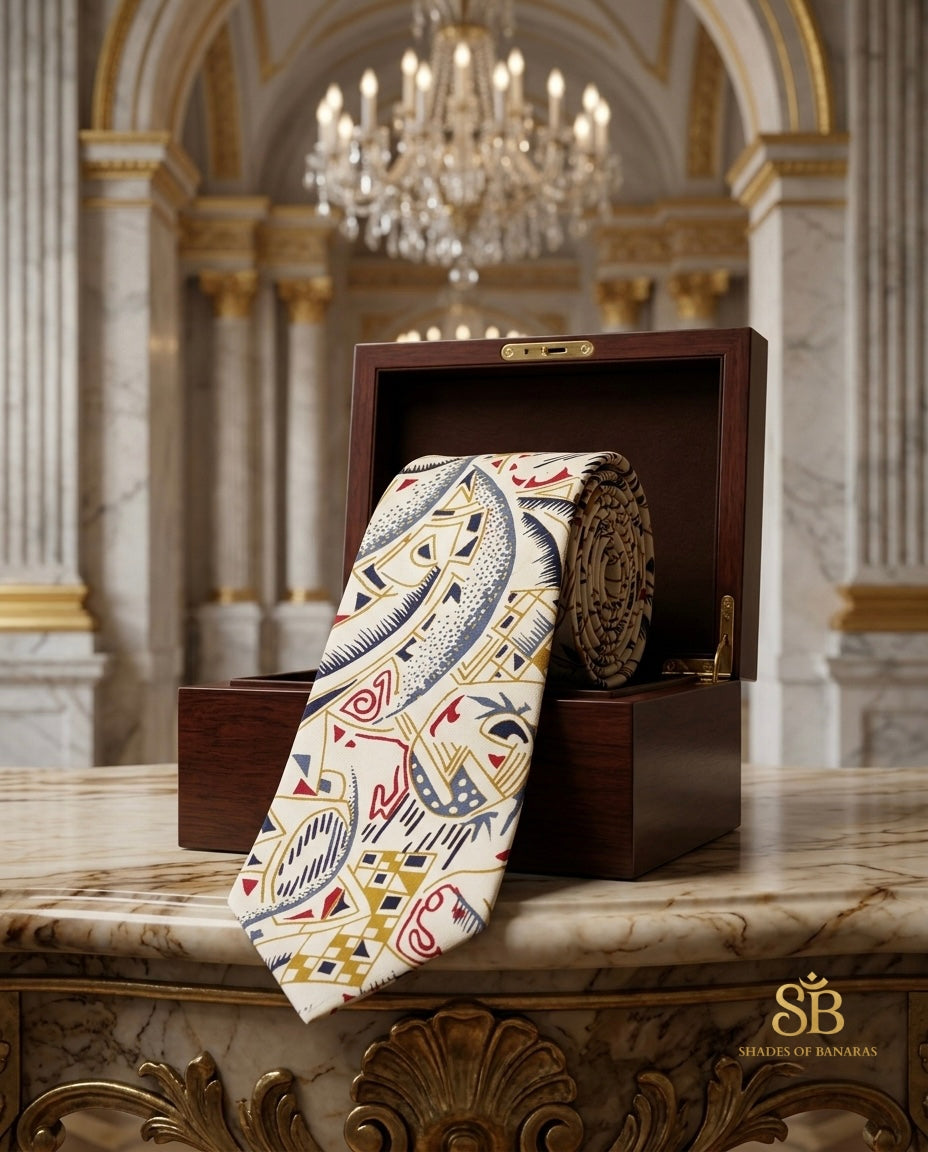 White pure silk Banarasi handloom necktie from Varanasi with hand printed abstract swirl
