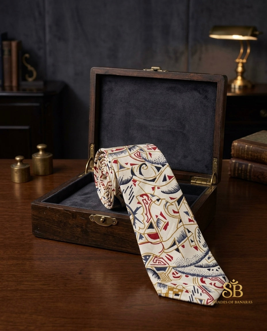White pure silk Banarasi handloom necktie from Varanasi with hand printed abstract swirl